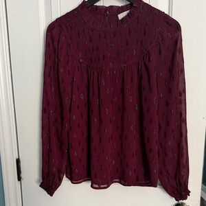 LOFT Burgundy Metallic-Accent Long Sleeve Blouse